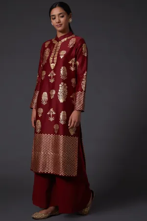 Wine Block Print Kurta With Palazzo