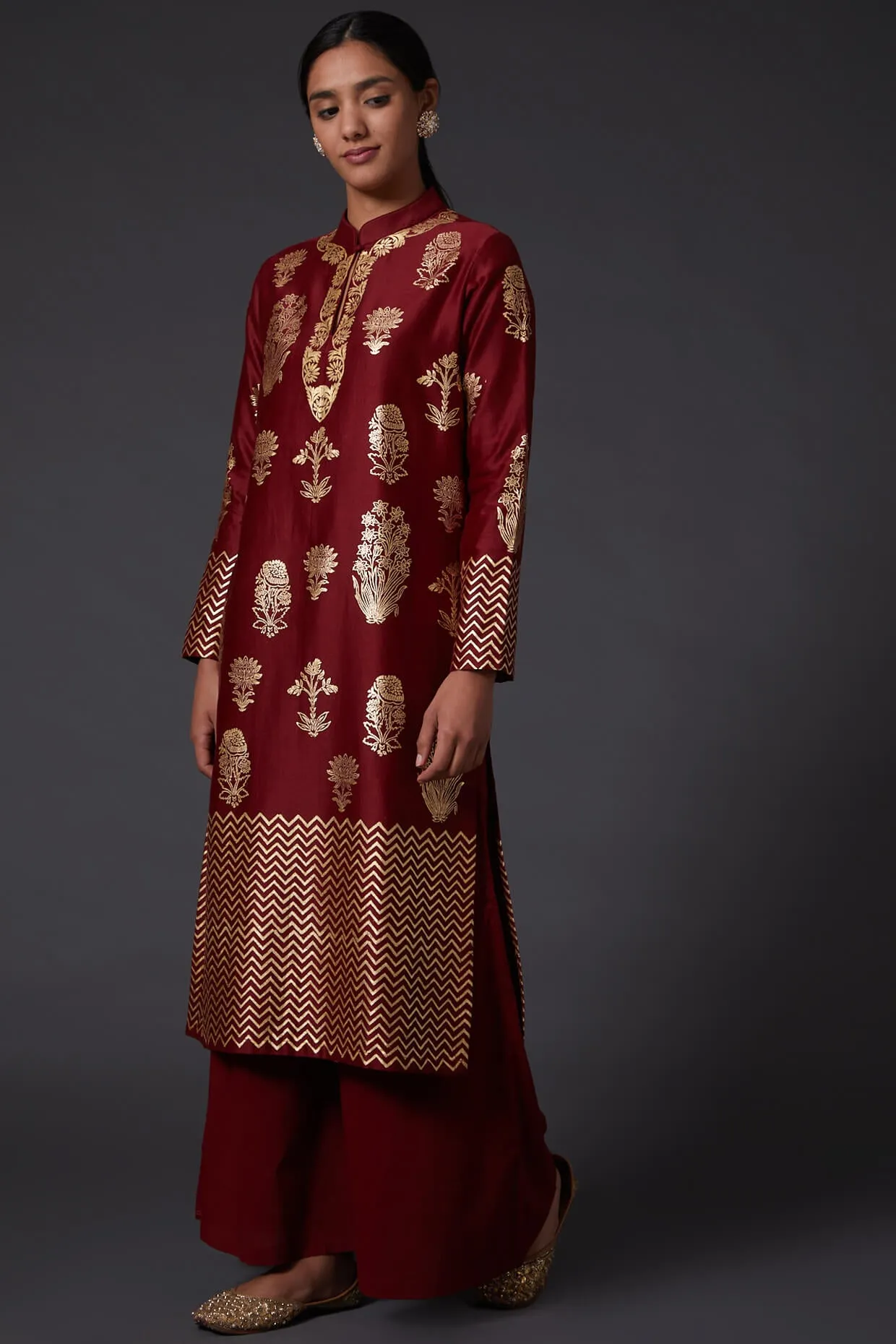 Wine Block Print Kurta With Palazzo