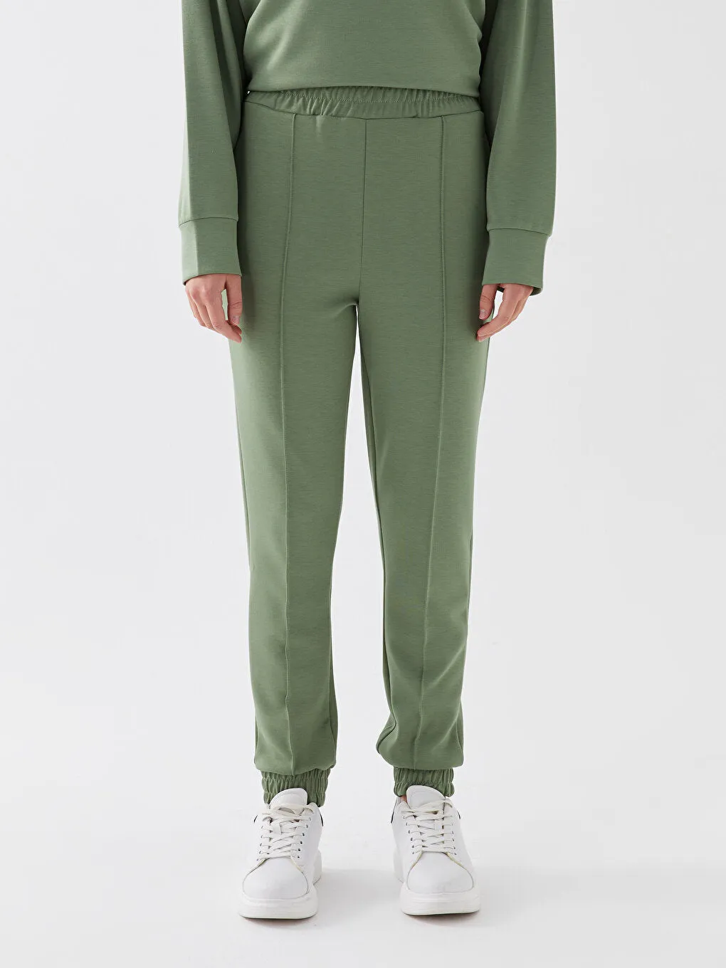 Women Elastic Waist Plain Jogger Sweatpants