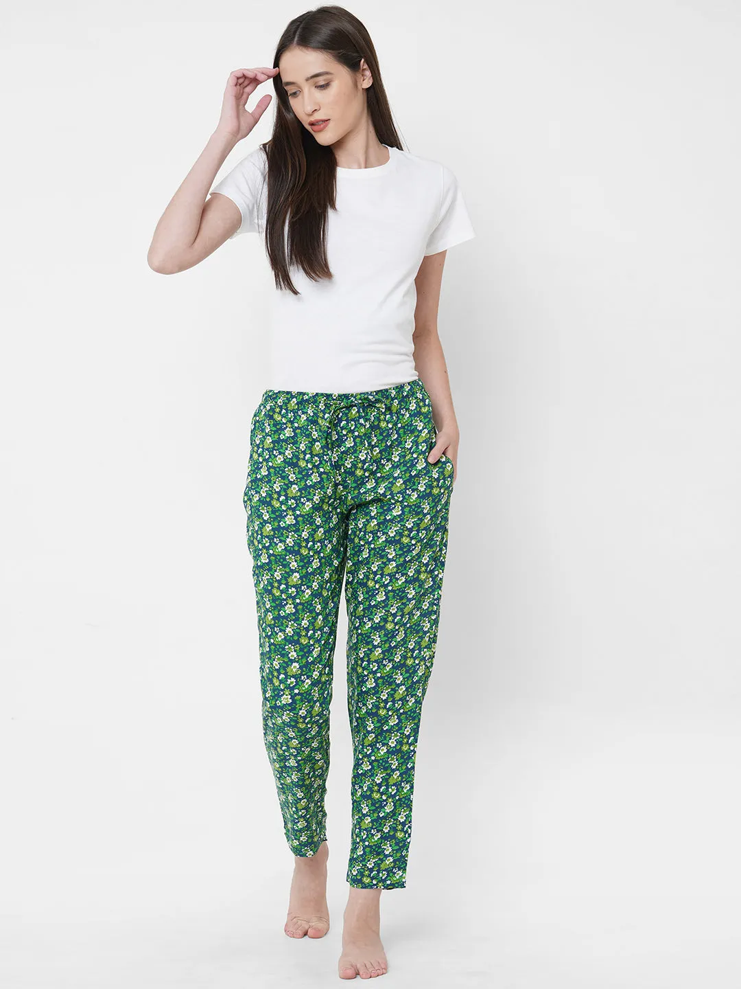 Women's Floral Print, Green, Viscose, Regular Fit, Elasticated, Waistband, Pyjama  With Side Pockets
