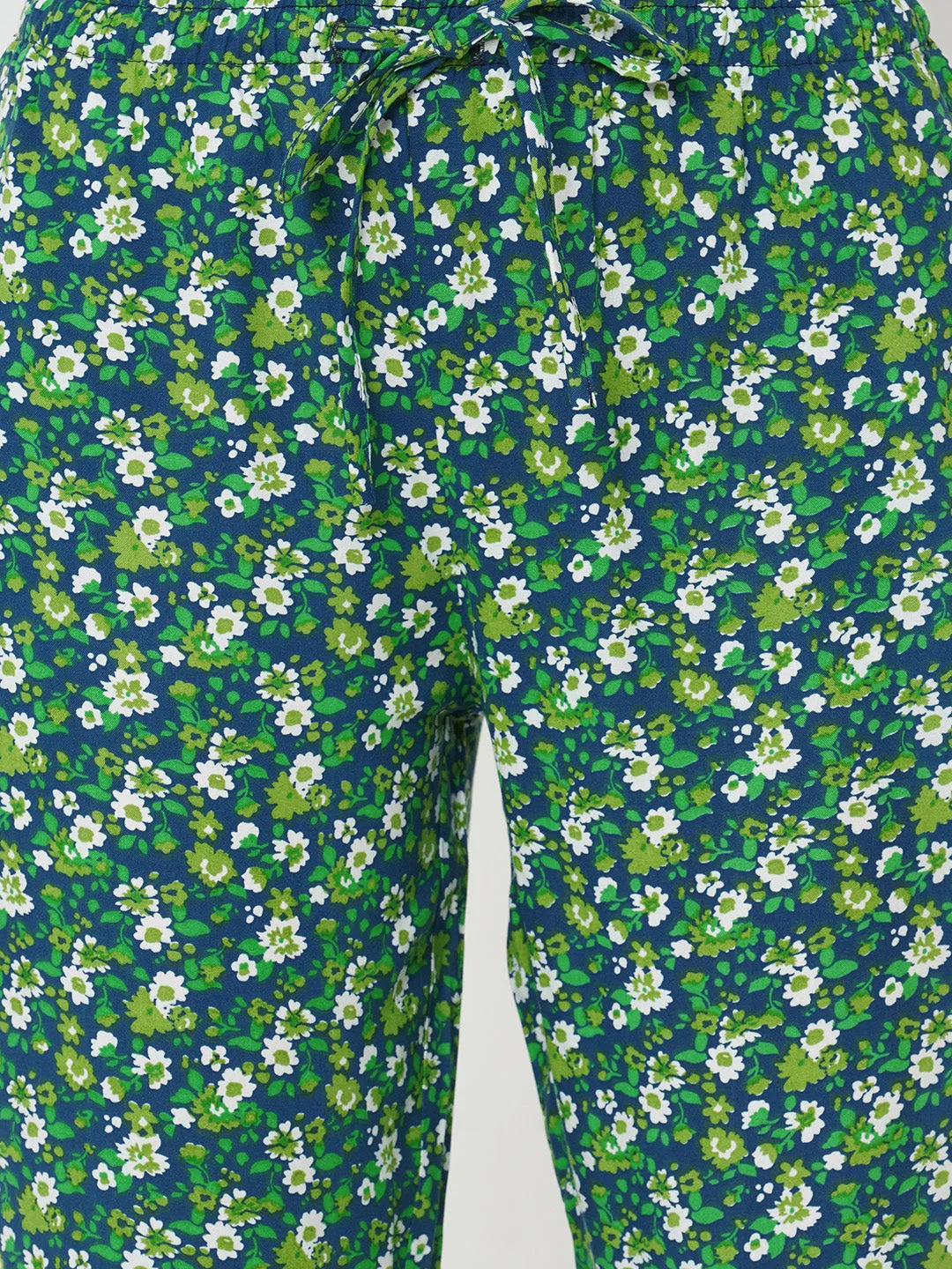 Women's Floral Print, Green, Viscose, Regular Fit, Elasticated, Waistband, Pyjama  With Side Pockets