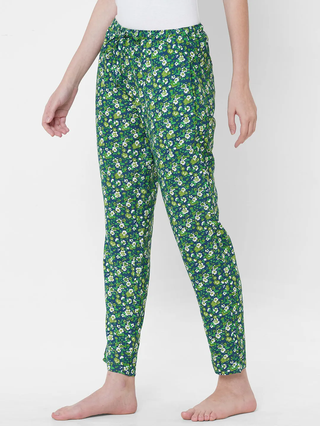 Women's Floral Print, Green, Viscose, Regular Fit, Elasticated, Waistband, Pyjama  With Side Pockets