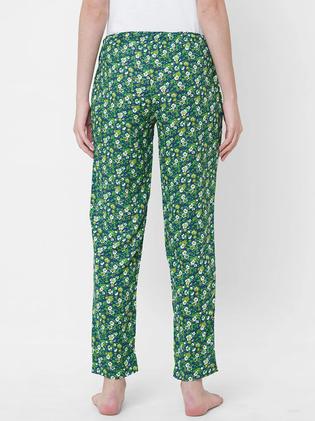 Women's Floral Print, Green, Viscose, Regular Fit, Elasticated, Waistband, Pyjama  With Side Pockets