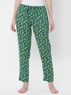 Women's Floral Print, Green, Viscose, Regular Fit, Elasticated, Waistband, Pyjama  With Side Pockets