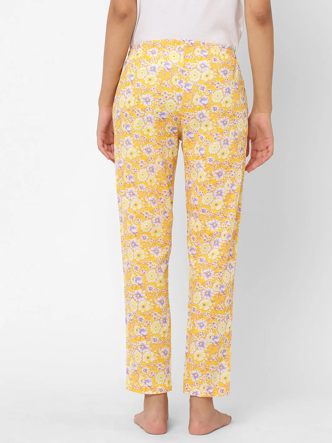 Women's Floral Print, Yellow, Cotton, Regular Fit, Elasticated, Waistband, Pyjama  With Side Pockets