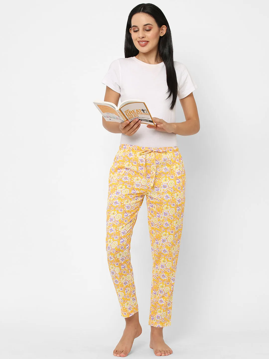 Women's Floral Print, Yellow, Cotton, Regular Fit, Elasticated, Waistband, Pyjama  With Side Pockets
