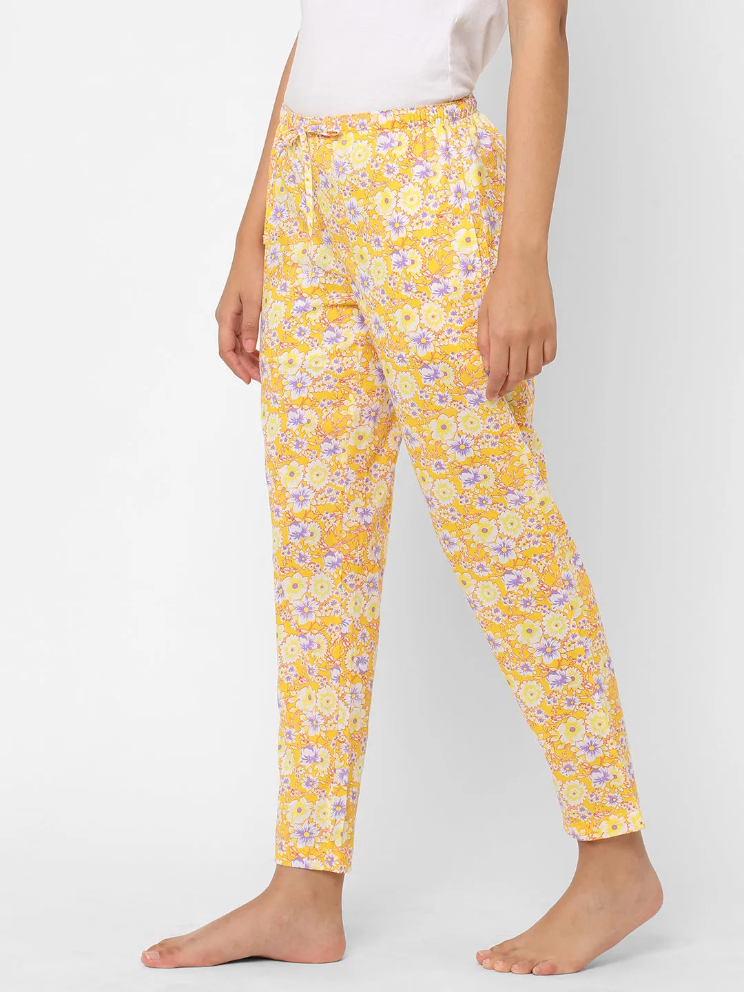 Women's Floral Print, Yellow, Cotton, Regular Fit, Elasticated, Waistband, Pyjama  With Side Pockets