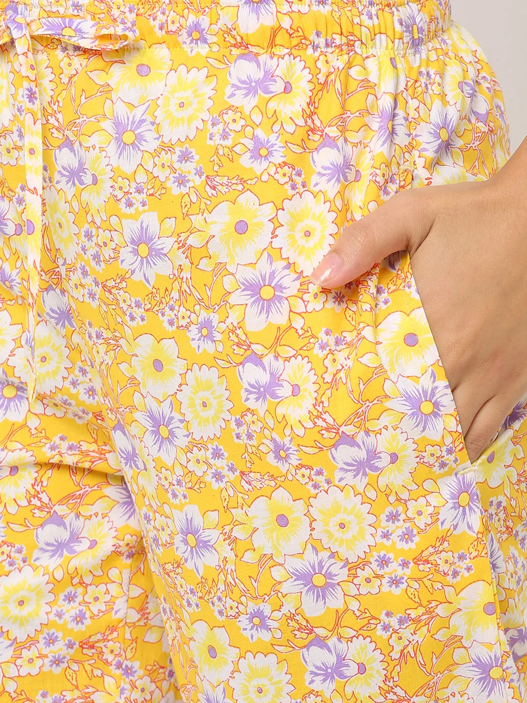 Women's Floral Print, Yellow, Cotton, Regular Fit, Elasticated, Waistband, Pyjama  With Side Pockets