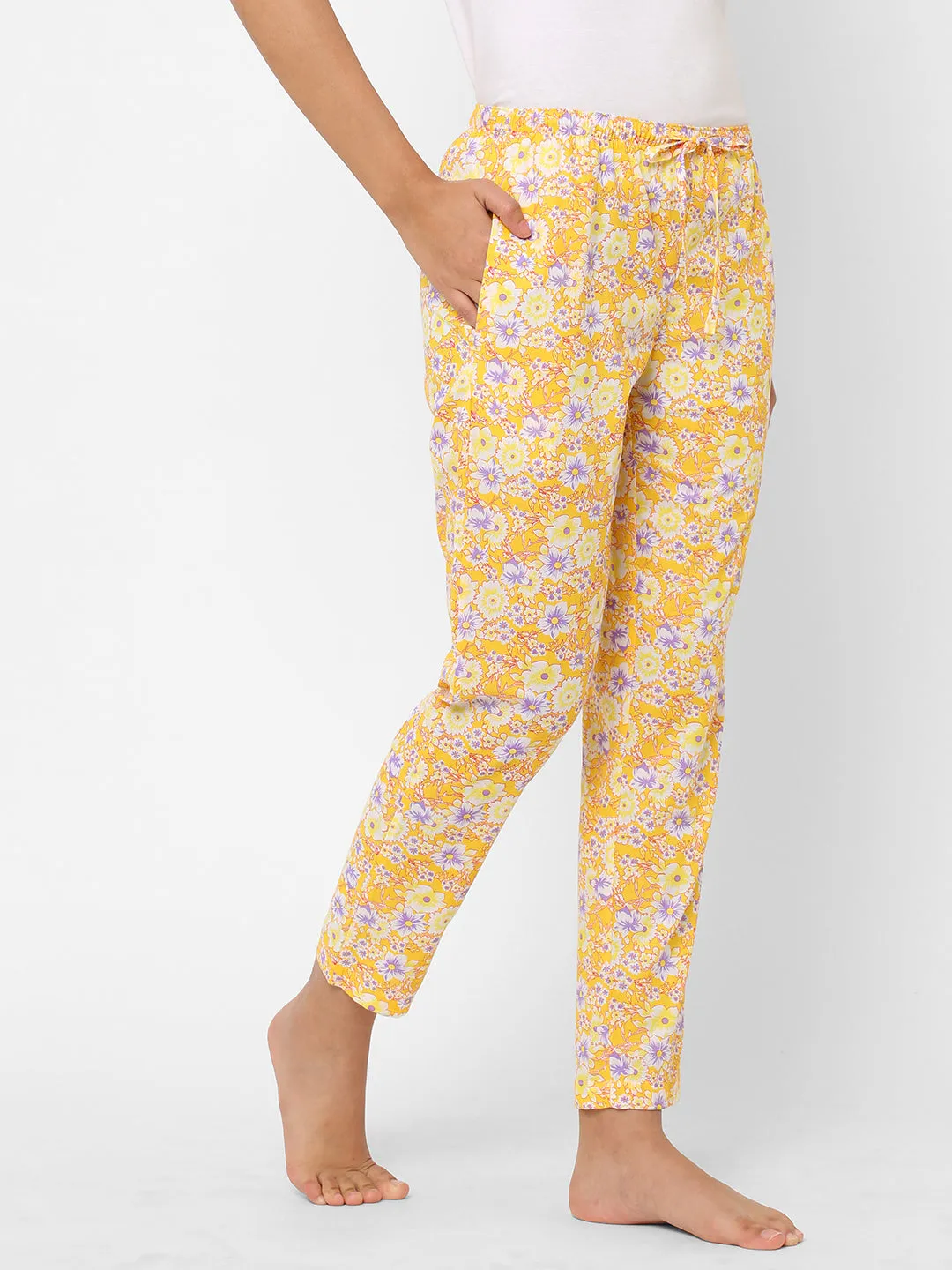 Women's Floral Print, Yellow, Cotton, Regular Fit, Elasticated, Waistband, Pyjama  With Side Pockets