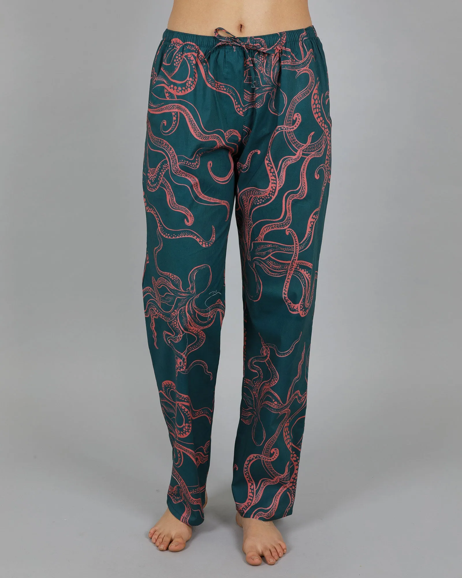 Womens Lounge Pants - Pink Octopus on Green