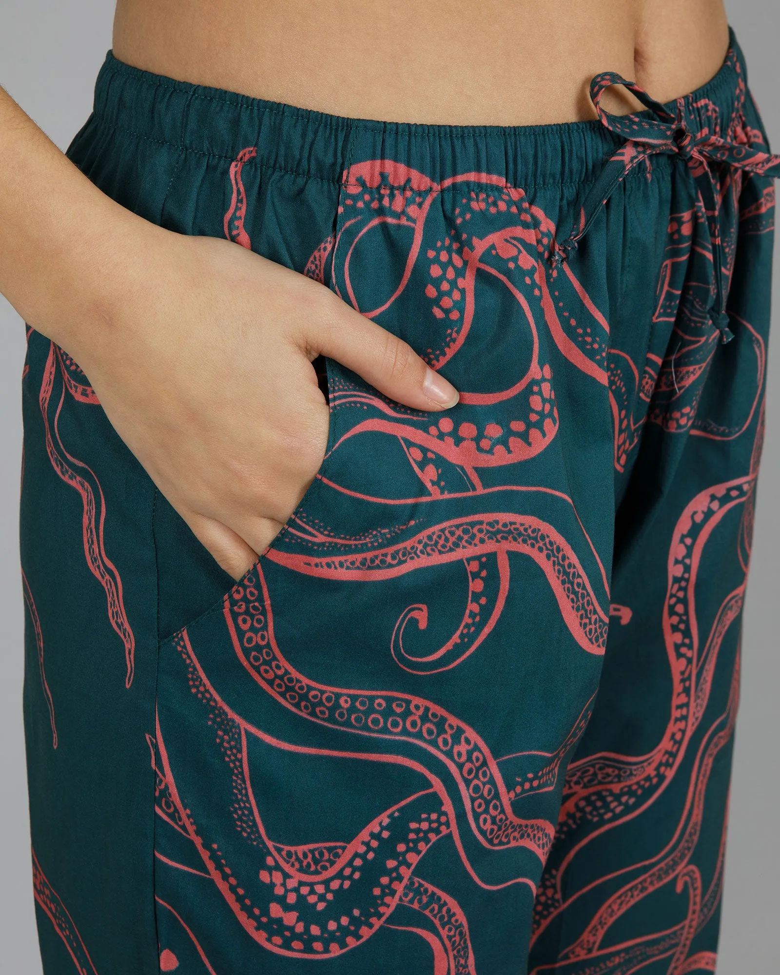 Womens Lounge Pants - Pink Octopus on Green