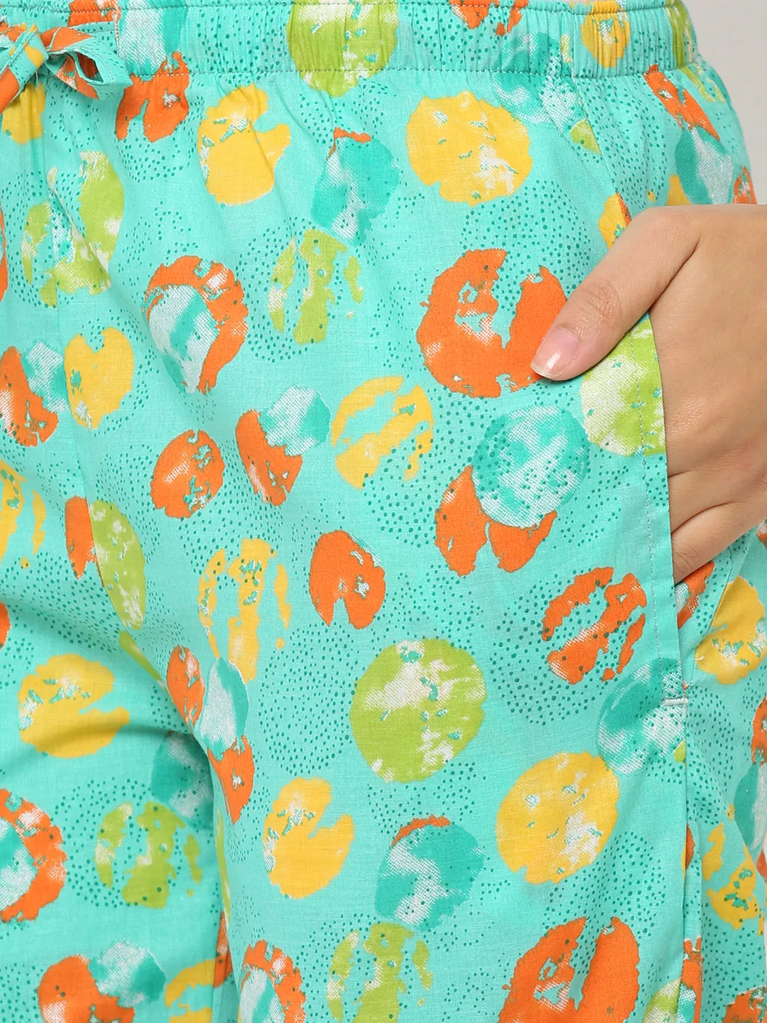 Women's Printed, Green, Cotton, Regular Fit, Elasticated, Waistband, Pyjama  With Side Pockets