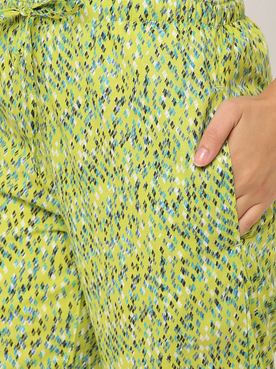 Women's Printed, Green, Cotton, Regular Fit, Elasticated, Waistband, Pyjama  With Side Pockets