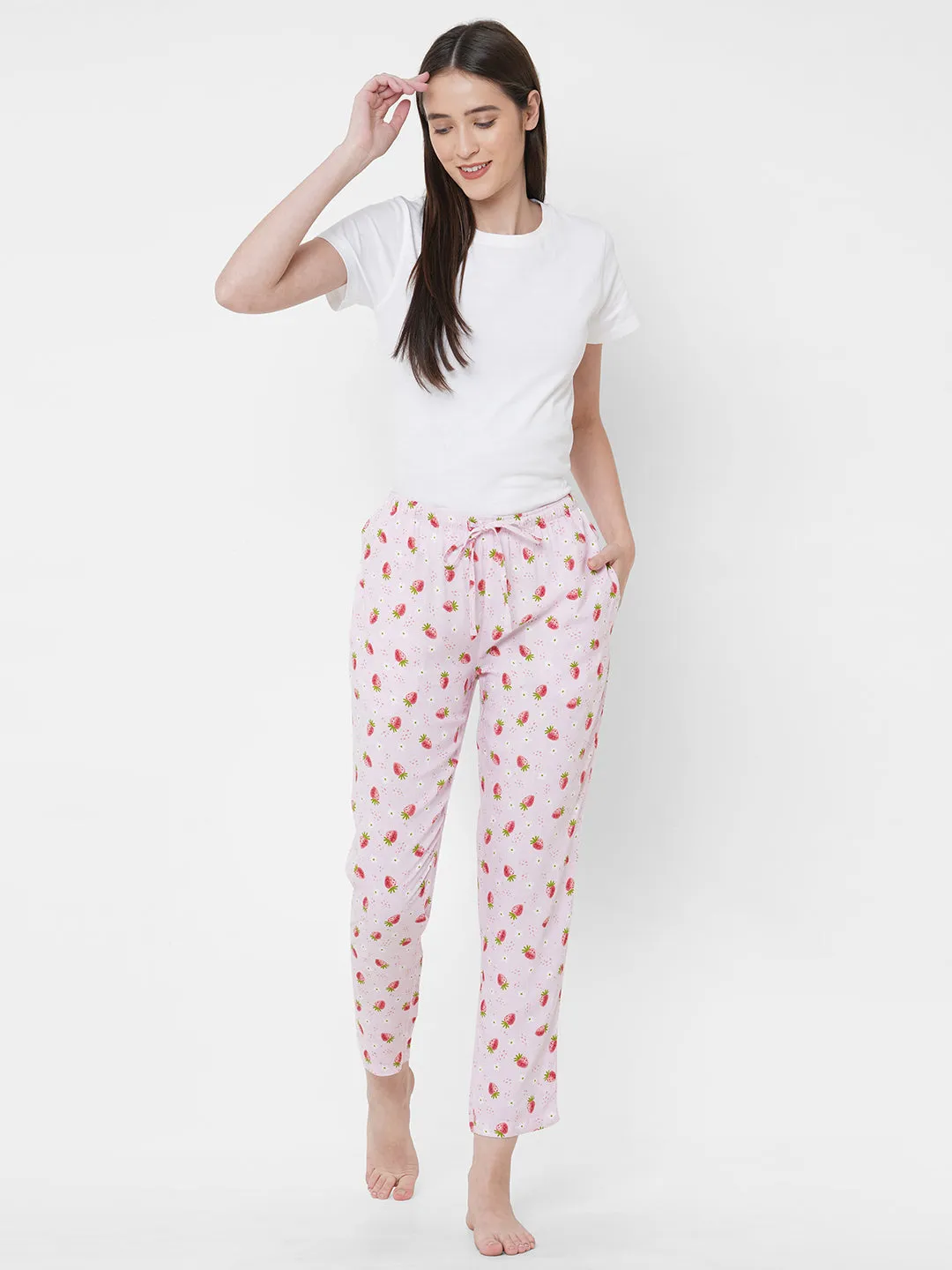 Women's Printed, Pink, Viscose, Regular Fit, Elasticated, Waistband, Pyjama  With Side Pockets