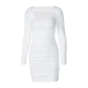 Women's White Pleated Slim Fit Dress