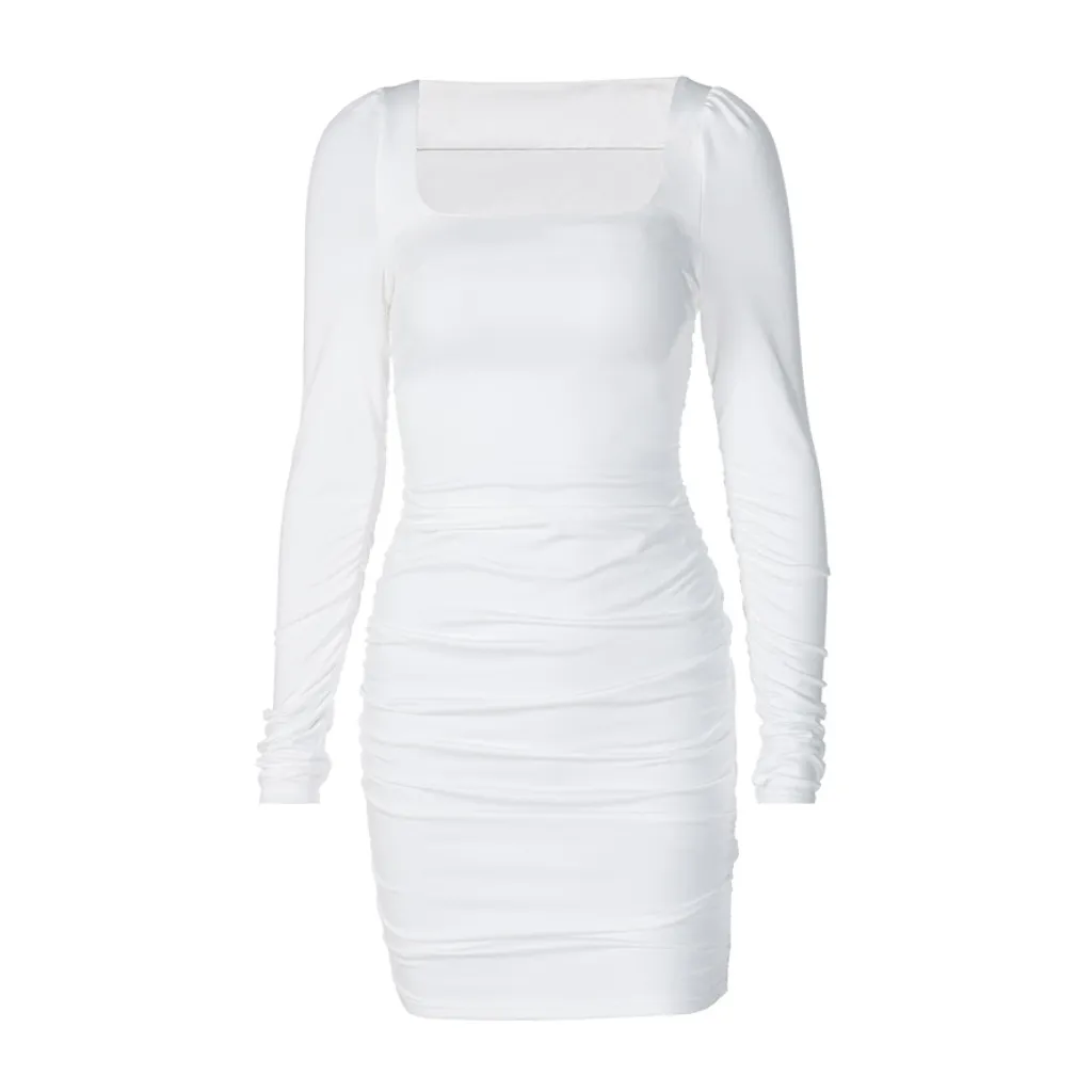 Women's White Pleated Slim Fit Dress