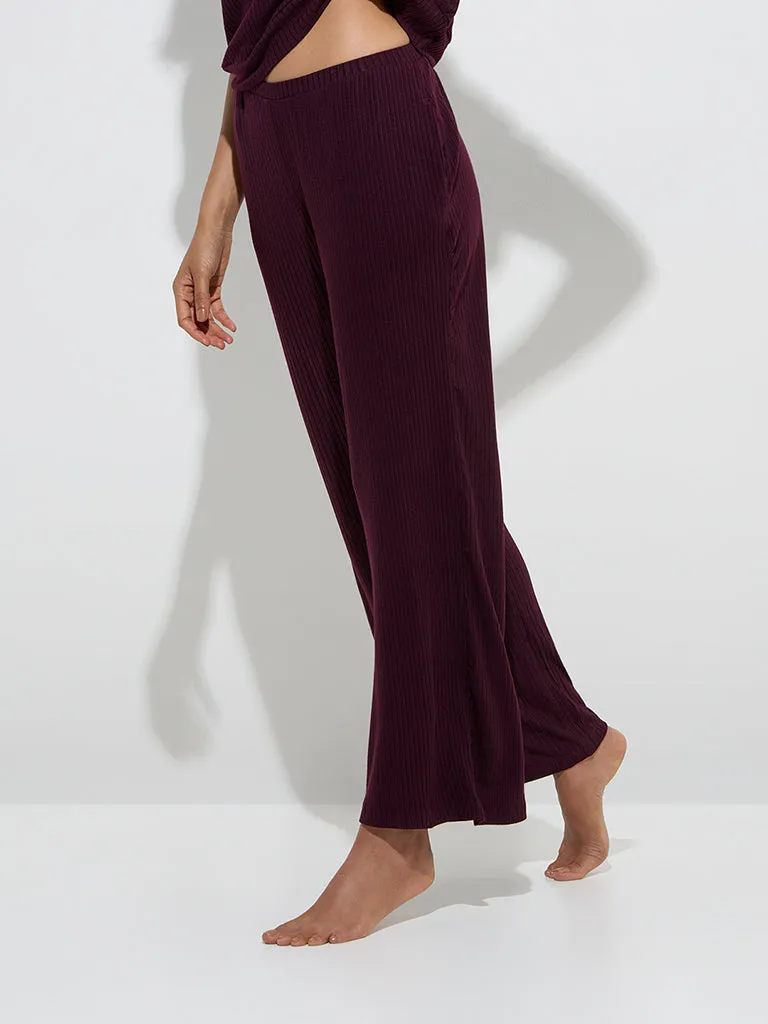 Wunderlove Plum Self Striped High-Rise Lounge Pants