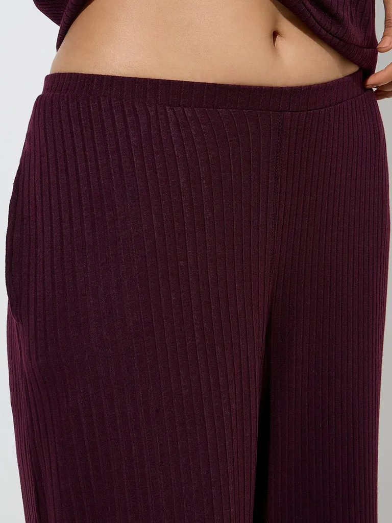 Wunderlove Plum Self Striped High-Rise Lounge Pants