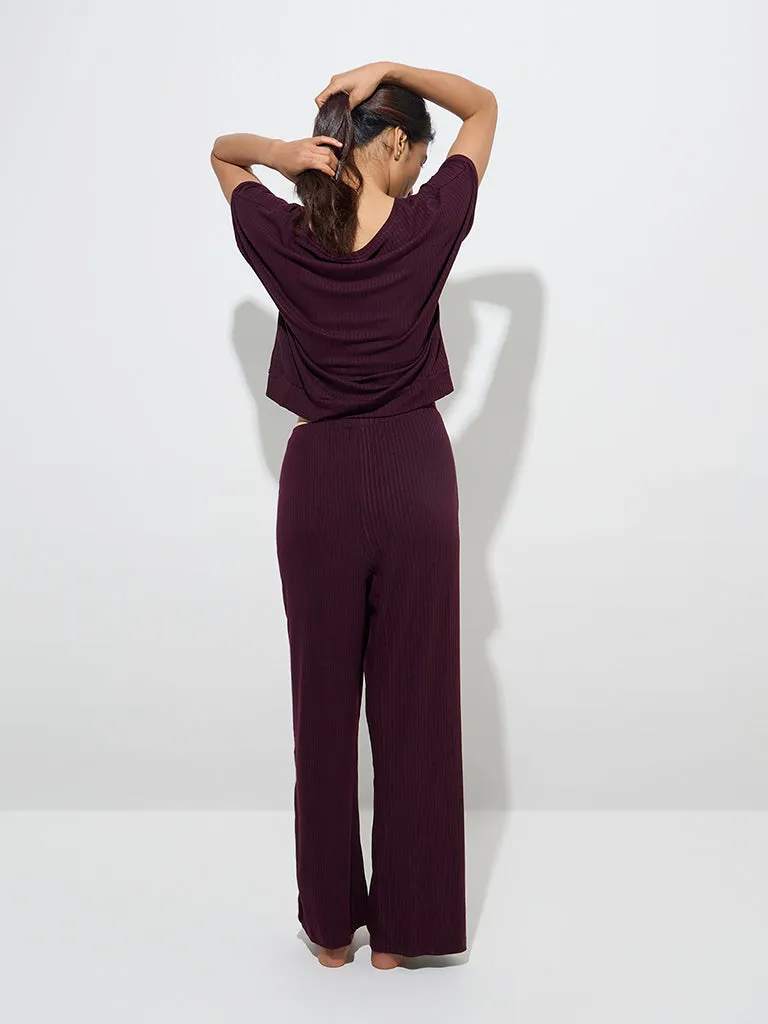 Wunderlove Plum Self Striped High-Rise Lounge Pants