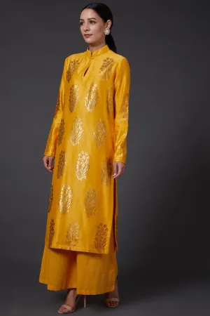 Yellow & Gold Block Printed Kurta With Palazzo
