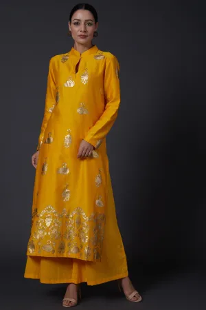 Yellow Block Printed Kurta With Palazzo