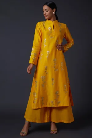 Yellow Block Printed Kurta With Palazzo