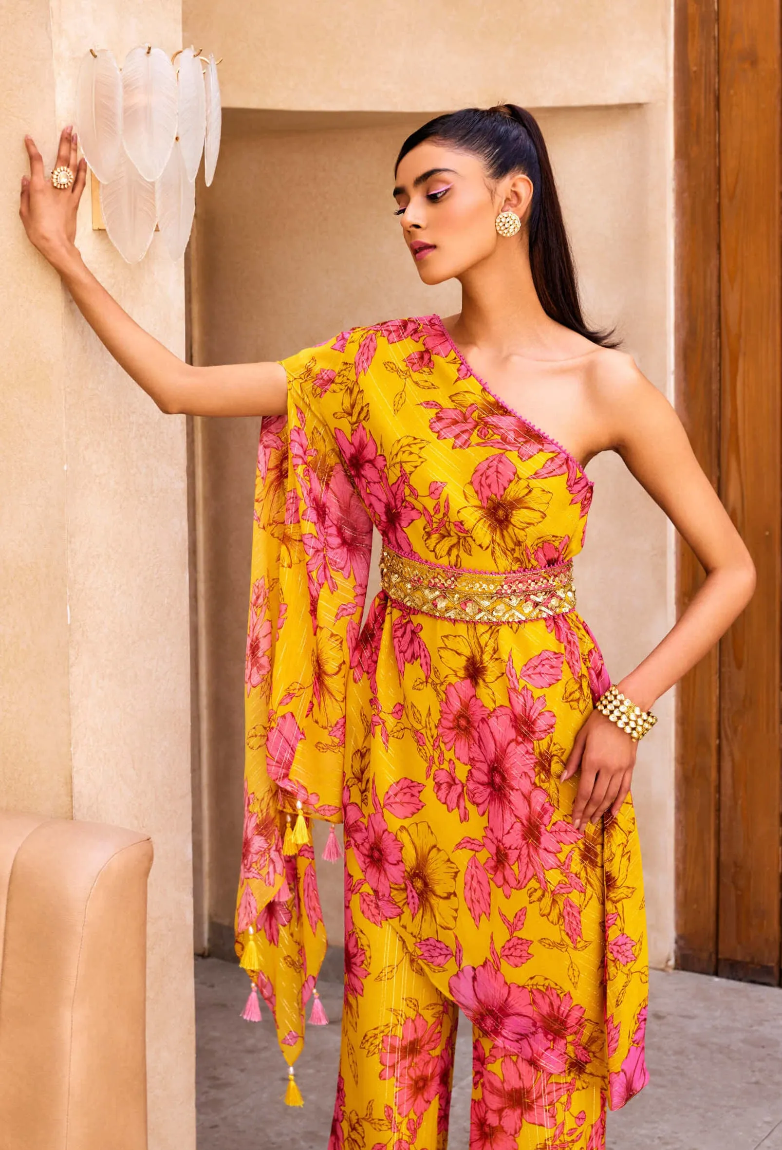 Yellow floral print one shoulder kurta and pant set