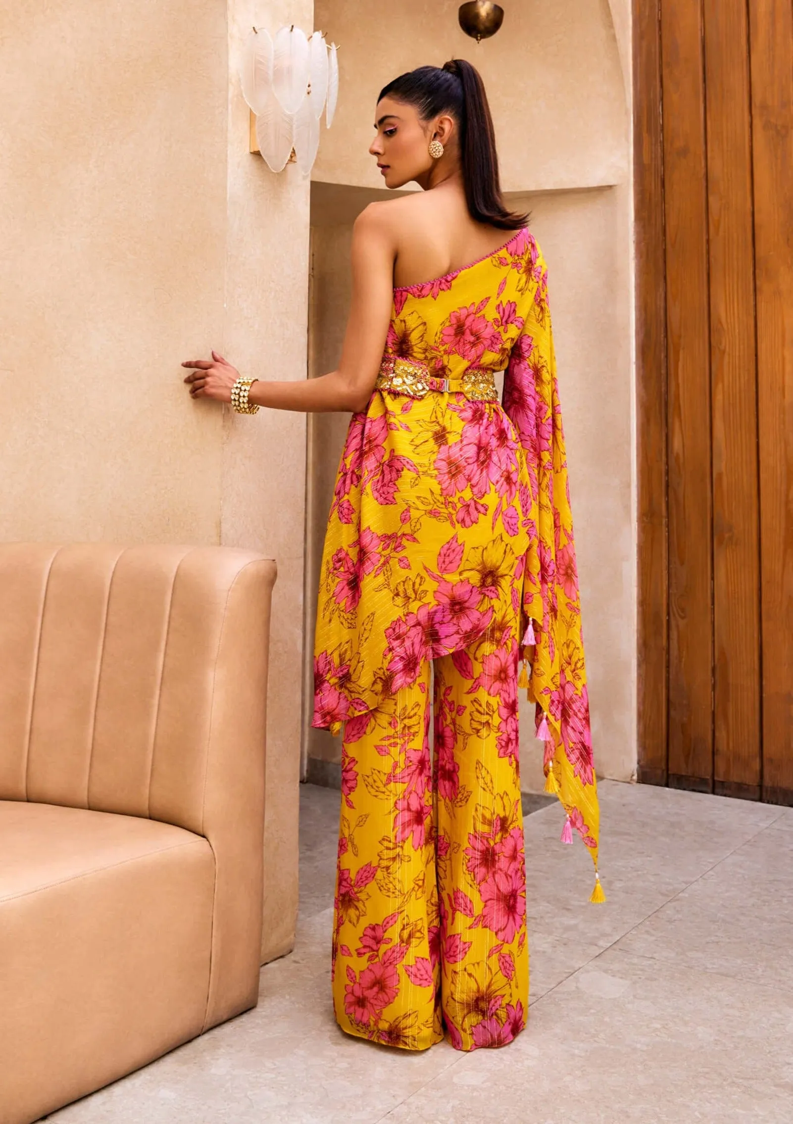 Yellow floral print one shoulder kurta and pant set