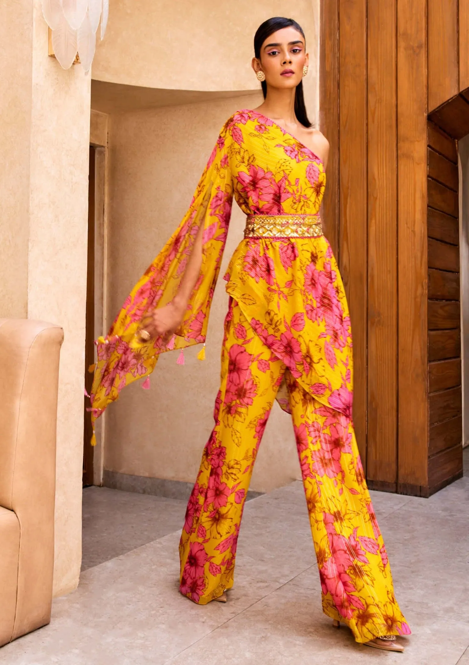 Yellow floral print one shoulder kurta and pant set