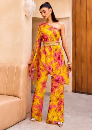 Yellow floral print one shoulder kurta and pant set