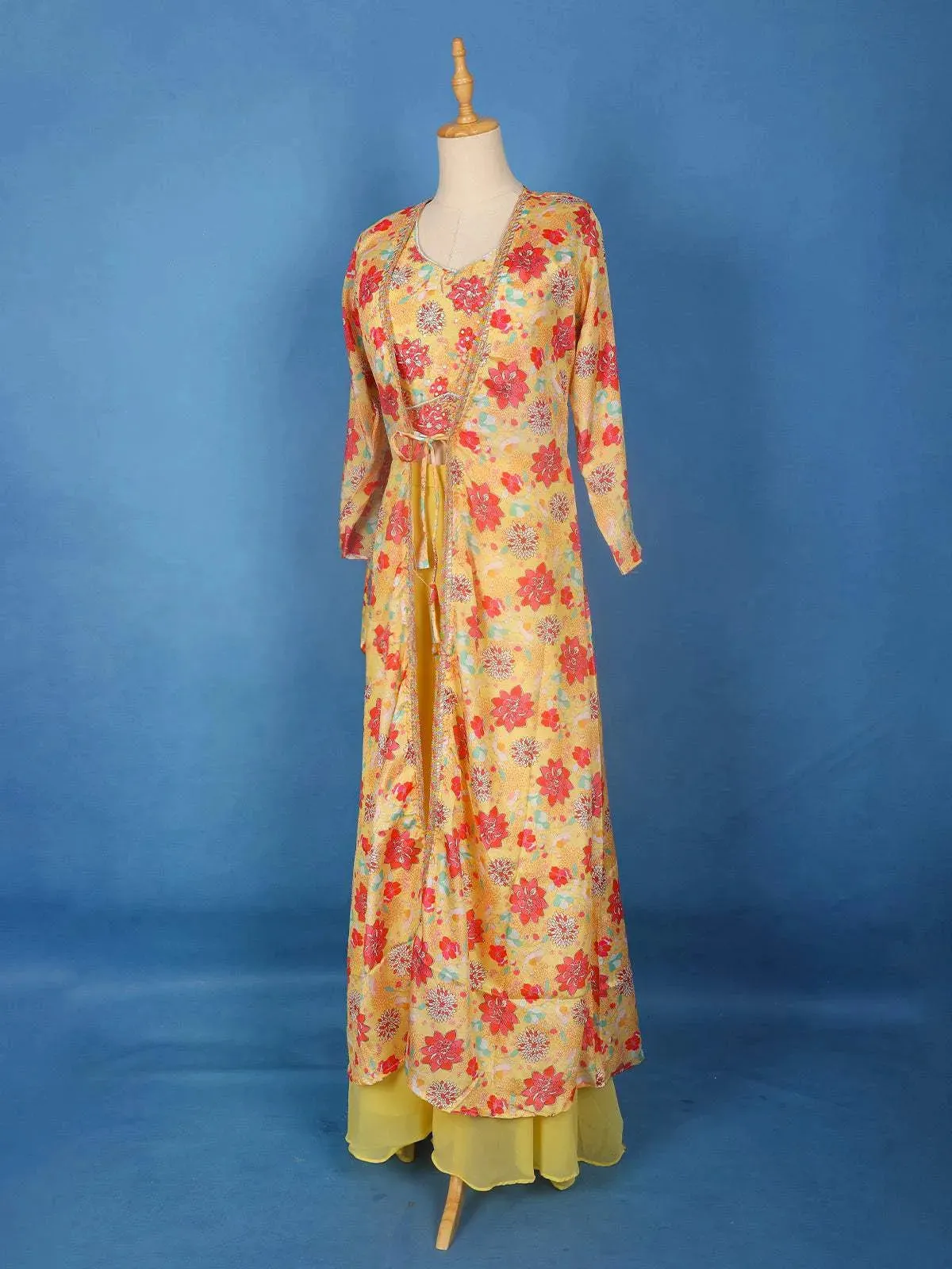 Yellow Floral Printed Palazzo Salwar Suit and Jacket