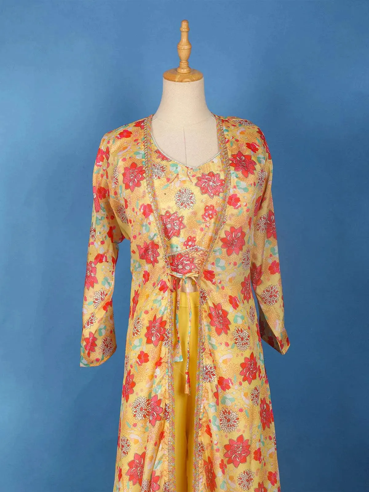 Yellow Floral Printed Palazzo Salwar Suit and Jacket