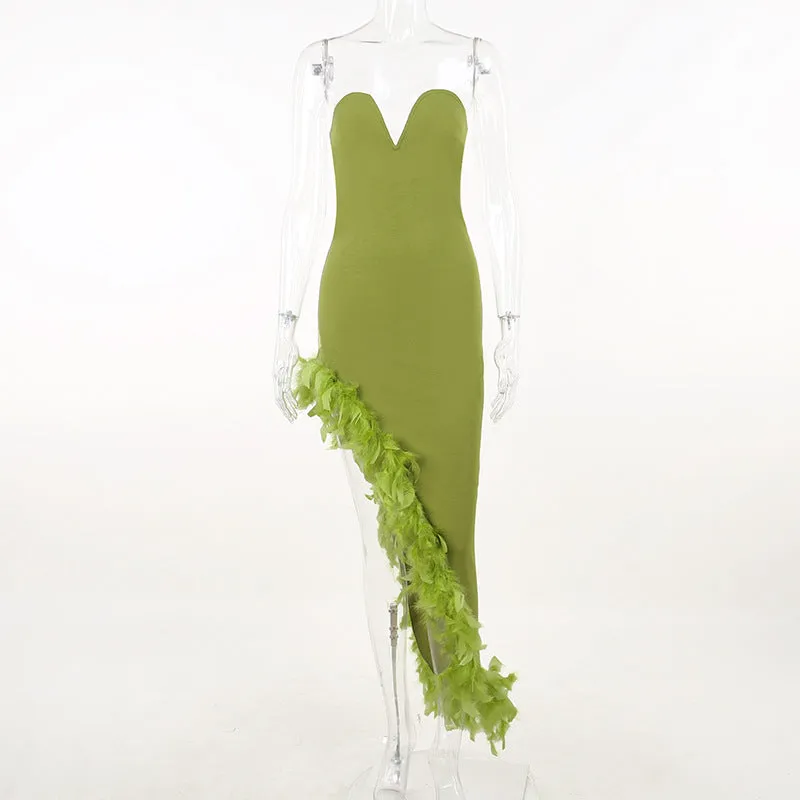 YL23226Spring2023New European and American Hipsters Hot Girl DeepVWomen's Slim-Fit Furry Tube Top Dress
