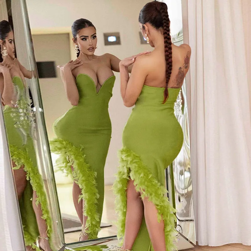 YL23226Spring2023New European and American Hipsters Hot Girl DeepVWomen's Slim-Fit Furry Tube Top Dress