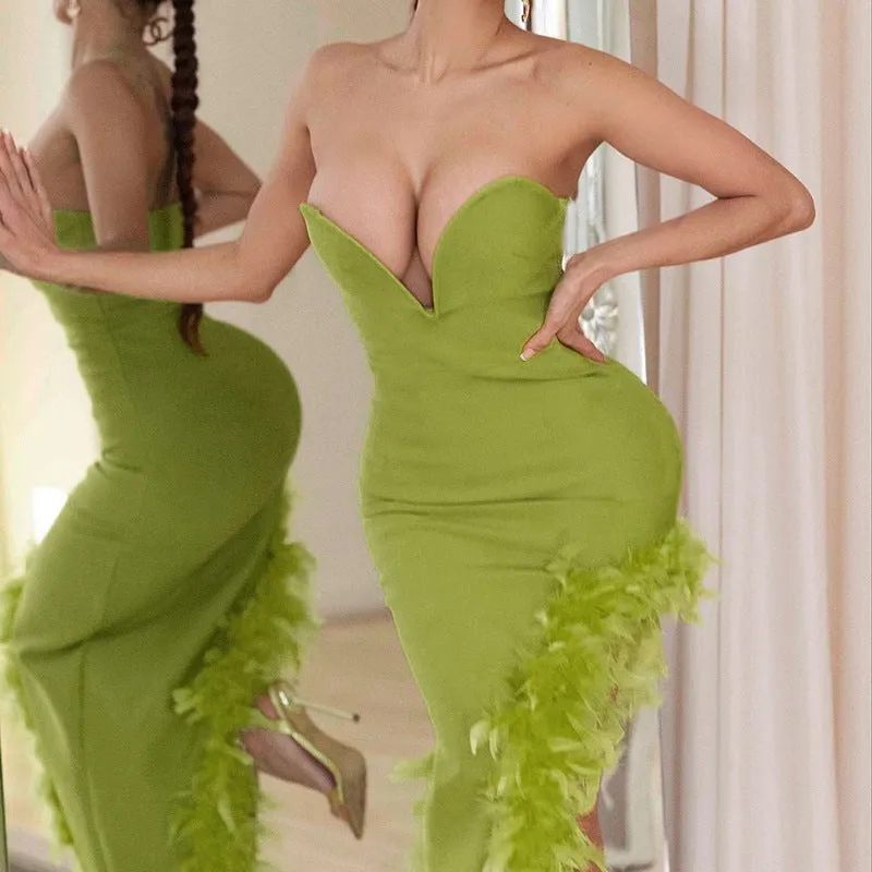 YL23226Spring2023New European and American Hipsters Hot Girl DeepVWomen's Slim-Fit Furry Tube Top Dress