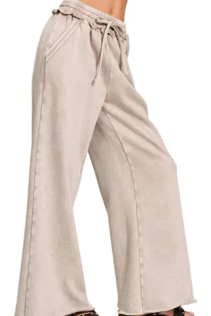 Zenana Acid Wash Fleece Palazzo Sweatpants with Pockets