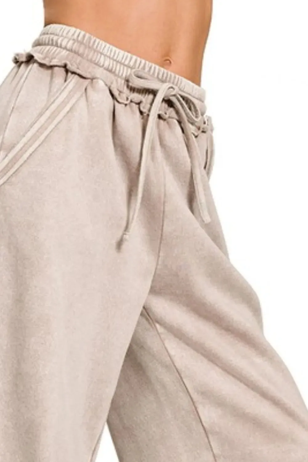 Zenana Acid Wash Fleece Palazzo Sweatpants with Pockets