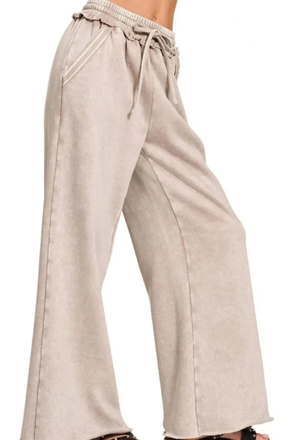 Zenana Acid Wash Fleece Palazzo Sweatpants with Pockets