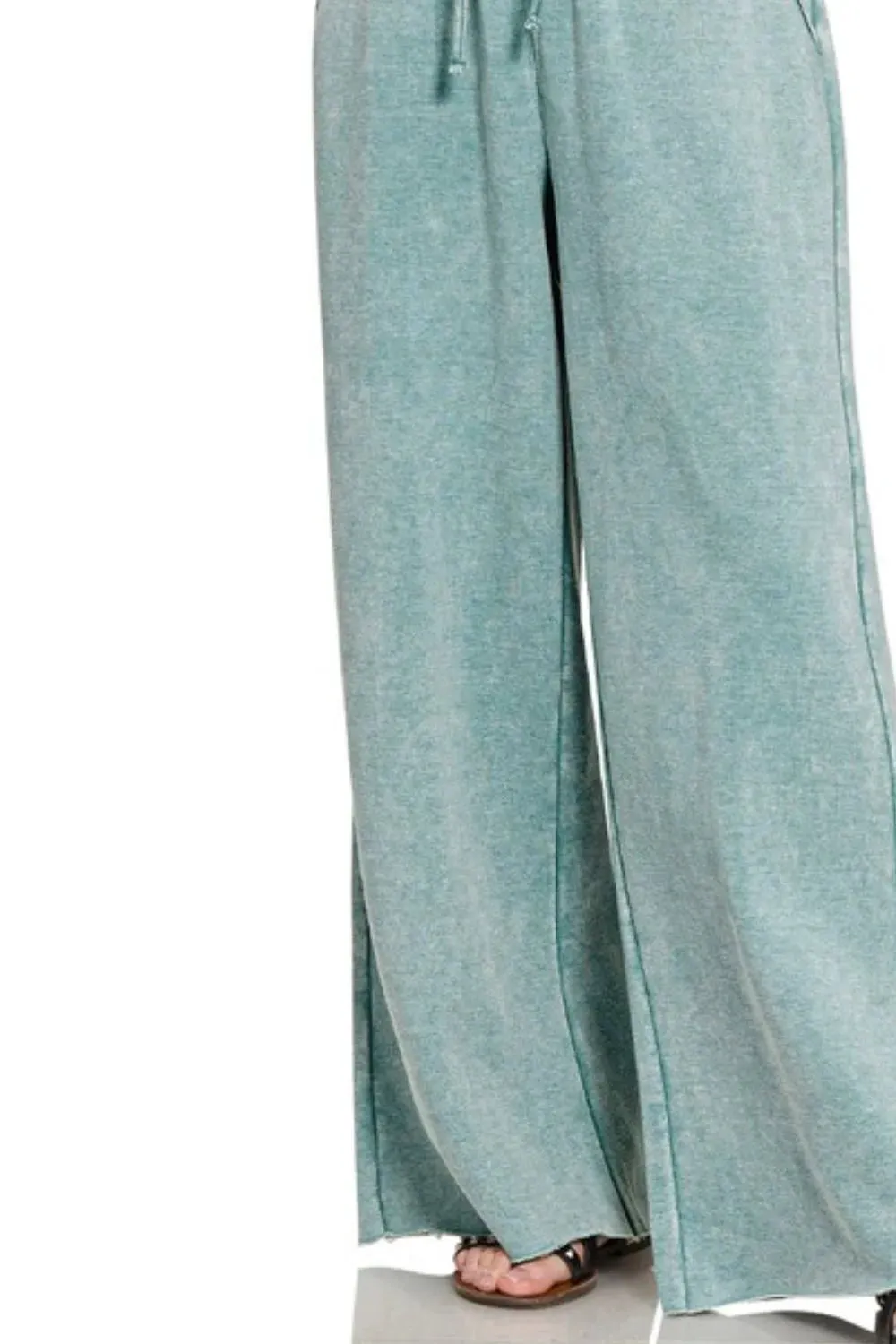 Zenana Acid Wash Fleece Palazzo Sweatpants with Pockets