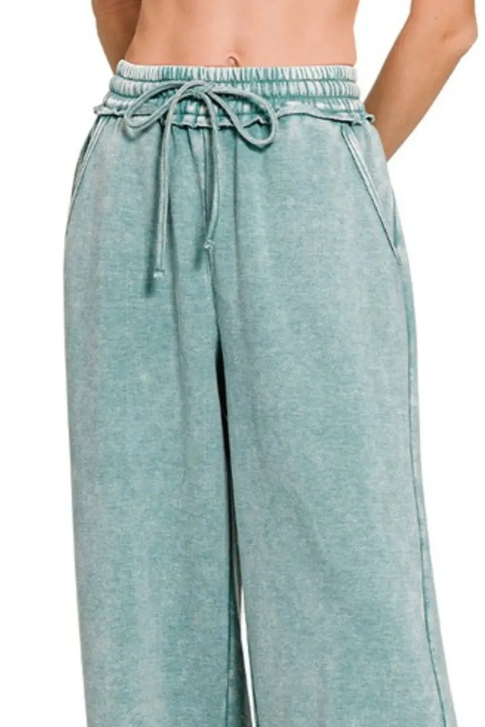 Zenana Acid Wash Fleece Palazzo Sweatpants with Pockets