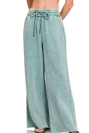 Zenana Acid Wash Fleece Palazzo Sweatpants with Pockets
